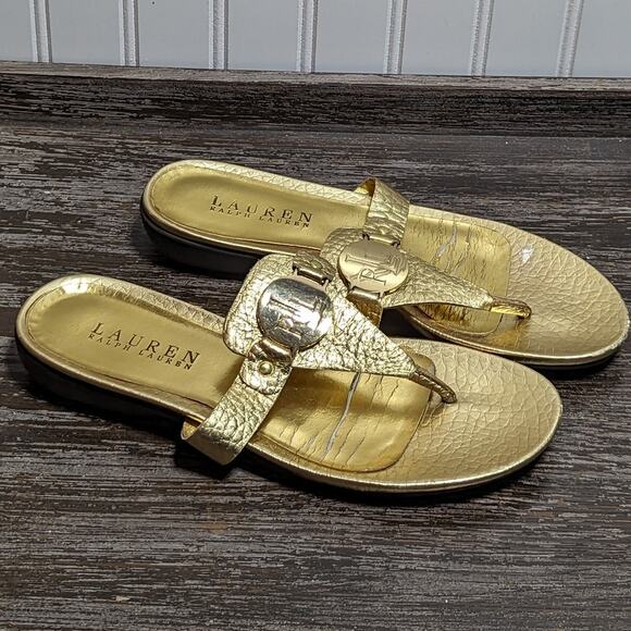 Ralph Lauren Women's Kalana Gold Flip Flop Dress Slip On Sandal Size 8B - Picture 1 of 6
